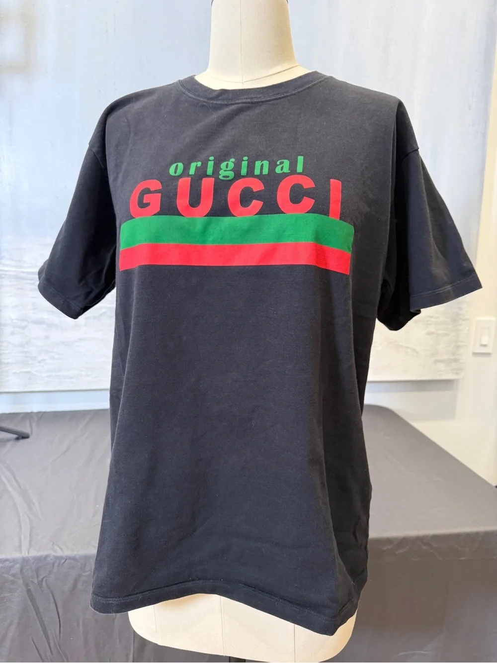 Gucci Original Black Tee with Red and Green Logo Stripe